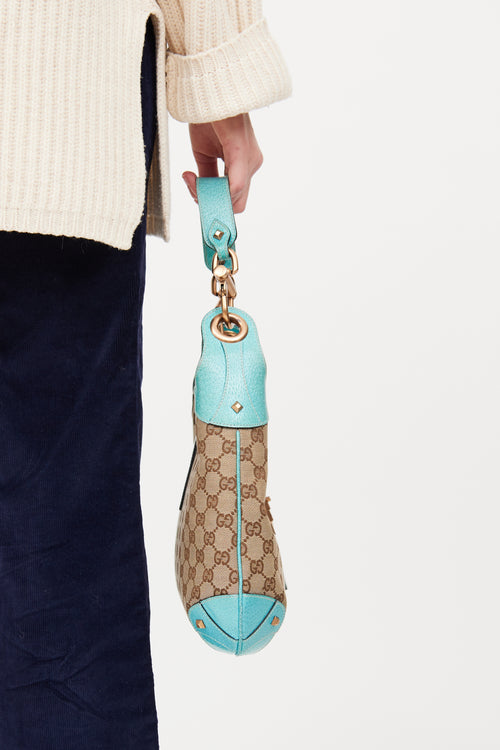 Gucci Beige & Teal GG Canvas Piston Lock Jackie Bag