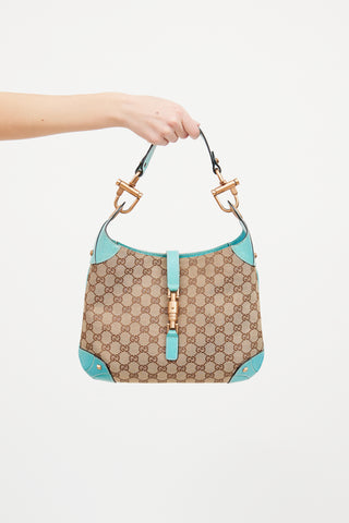 Gucci Beige & Teal GG Canvas Piston Lock Jackie Bag