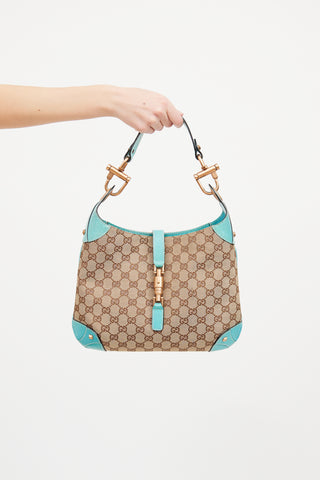 Gucci Beige & Teal GG Canvas Piston Lock Jackie Bag