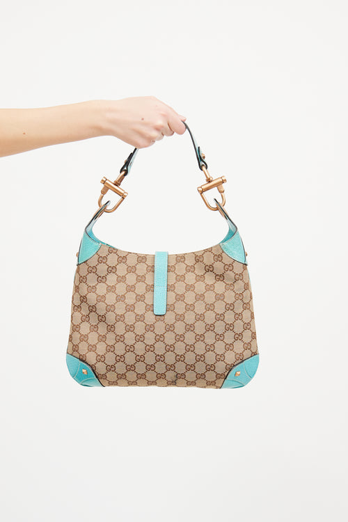 Gucci Beige & Teal GG Canvas Piston Lock Jackie Bag