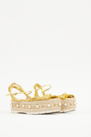 Gucci Gold Leather Barbette Espadrille Sandal