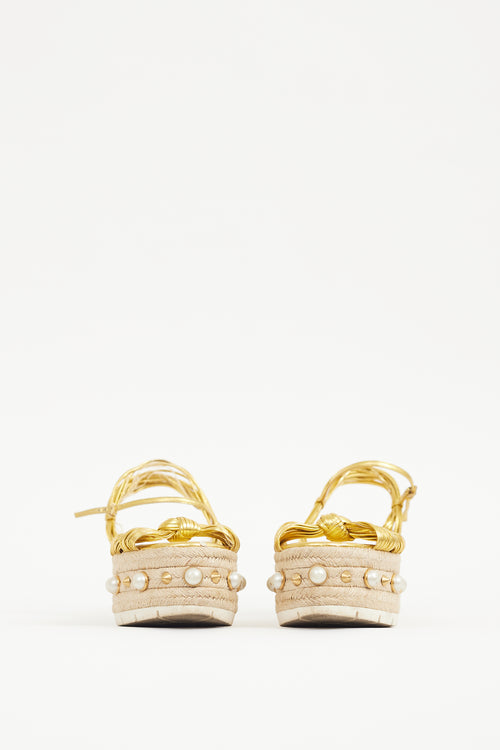 Gucci Gold Leather Barbette Espadrille Sandal