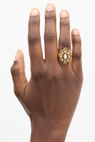 Gucci Gold & White Faux Pearl Ornate Adjustable Ring