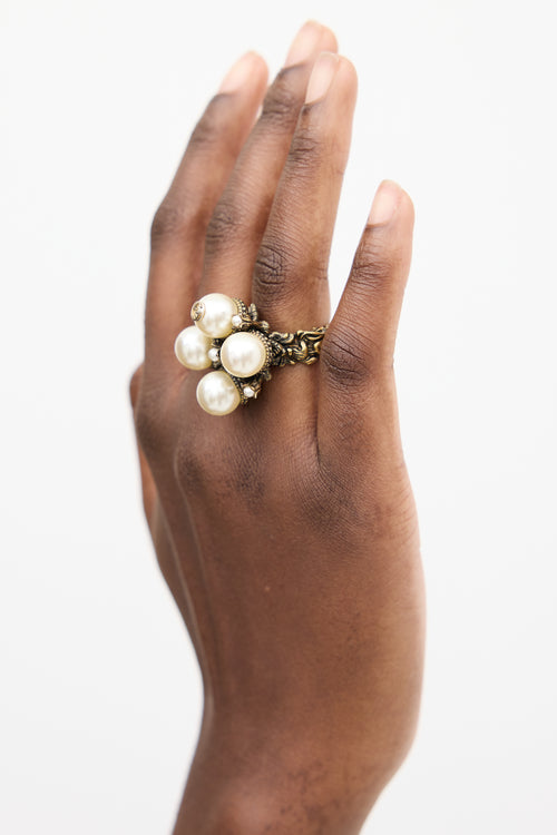 Gucci Gold & White Faux Pearl Cluster Ornate GG Ring