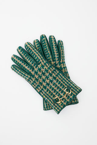 Gucci Green & Beige Tweed Leather Gloves