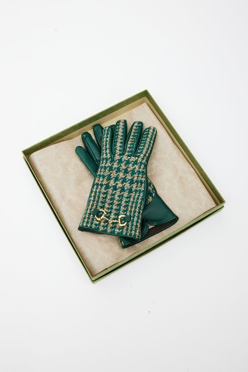 Gucci Green & Beige Tweed Leather Gloves
