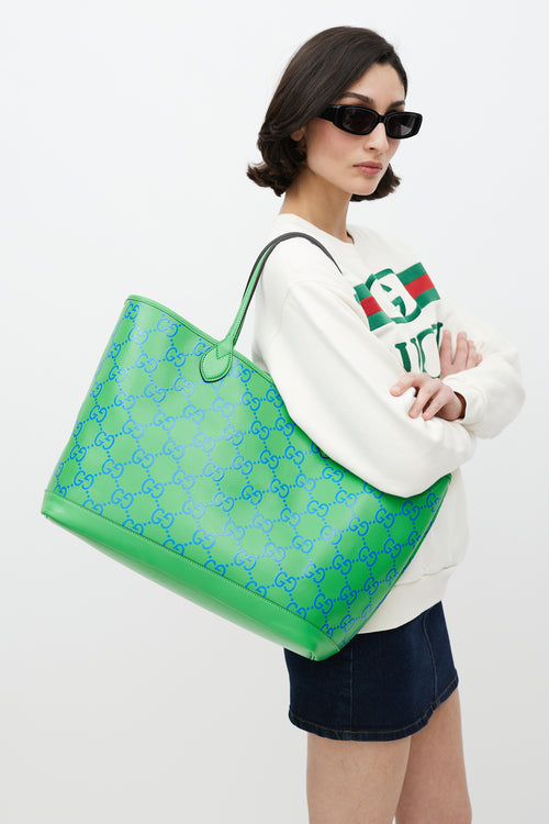 Gucci Green & Blue GG Embossed Leather Large Tote