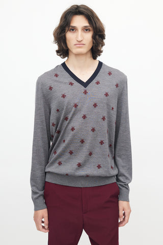 Gucci Grey & Red Knit Wool Bee Sweater