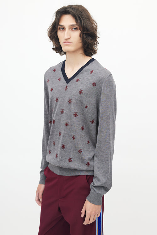Gucci Grey & Red Knit Wool Bee Sweater