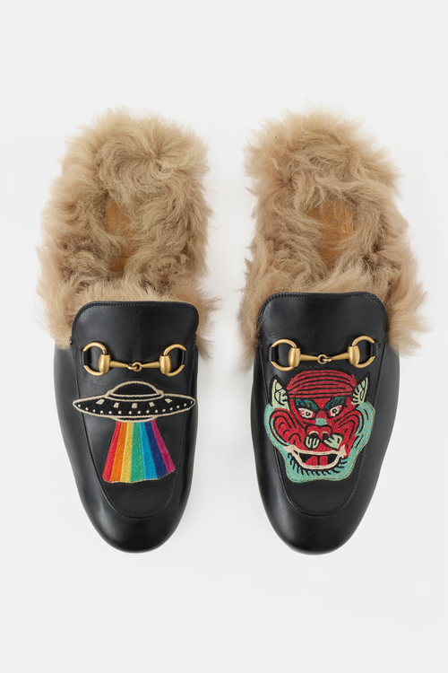Gucci Leather & Fur Patch Princetown Mule