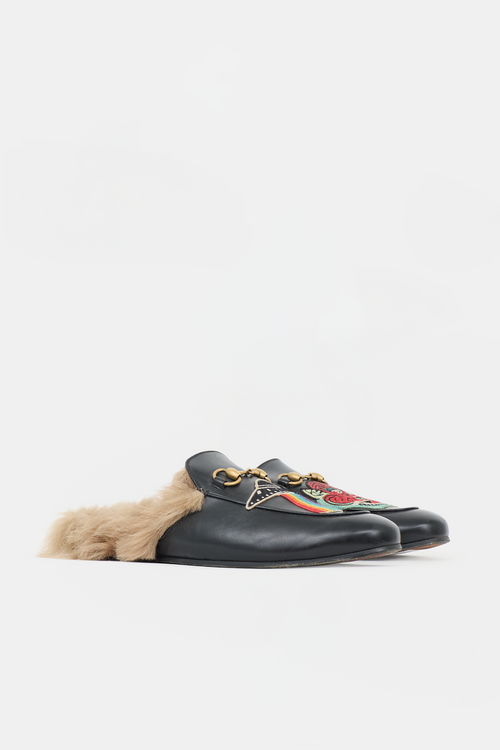 Gucci Leather & Fur Patch Princetown Mule