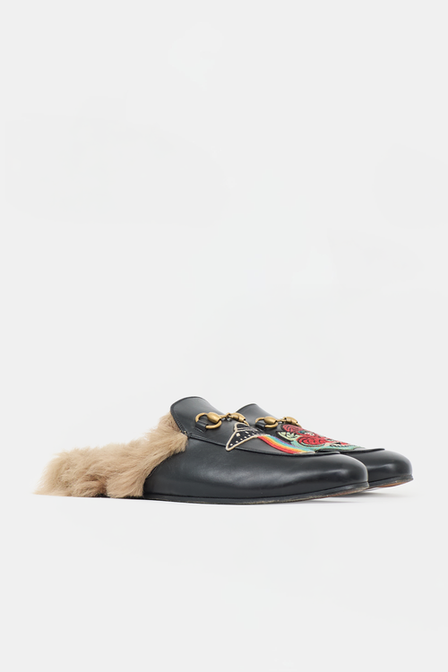 Gucci Leather & Fur Patch Princetown Mule