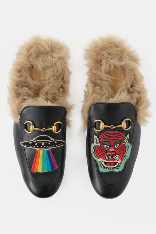 Gucci Leather & Fur Patch Princetown Mule