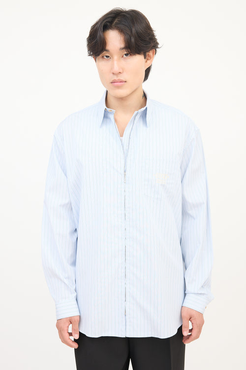 Gucci Light Blue & White Pinstripe Embroidered ZIp  Shirt