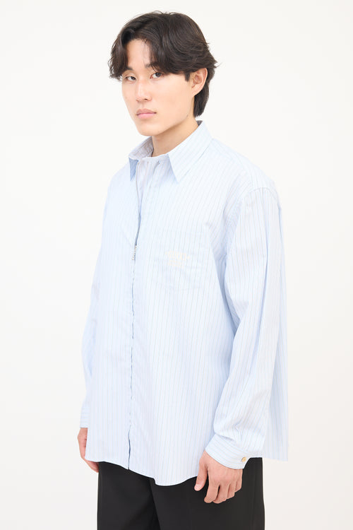 Gucci Light Blue & White Pinstripe Embroidered ZIp  Shirt