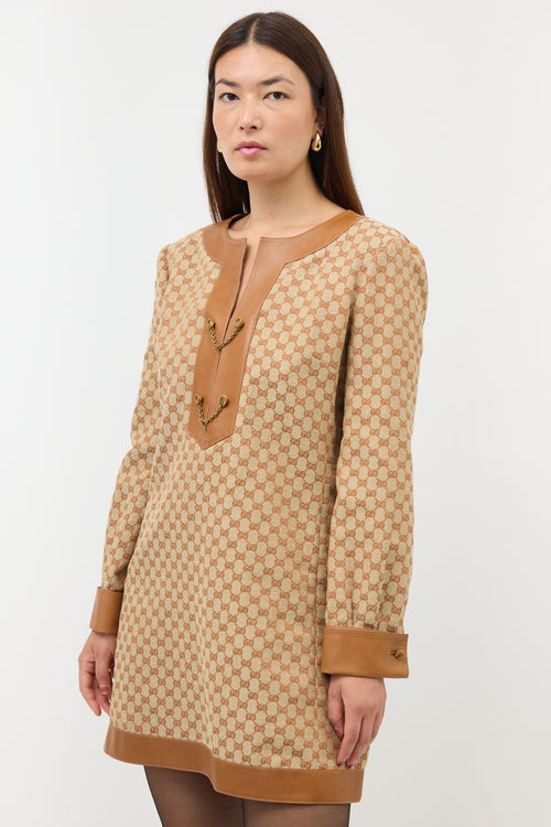 Gucci Linen GG Leather Trim Dress