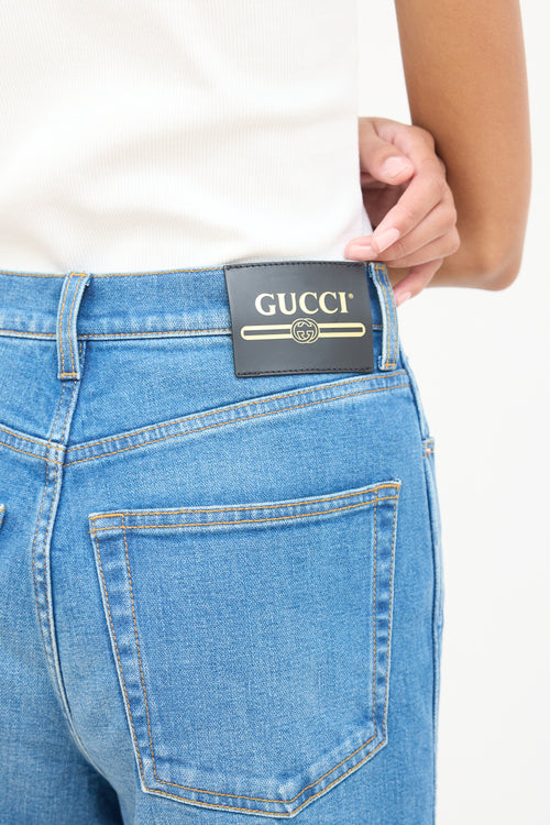 Gucci Medium Wash Logo Patch Flared Jeans