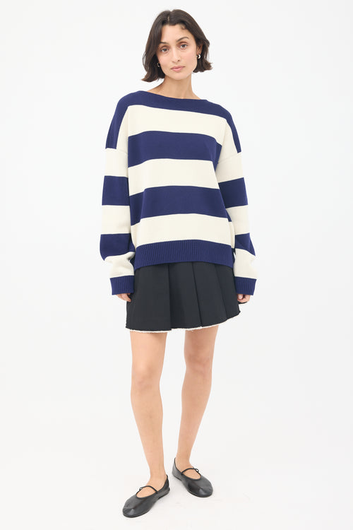 Gucci White & Navy Logo Intarsia Striped Sweater