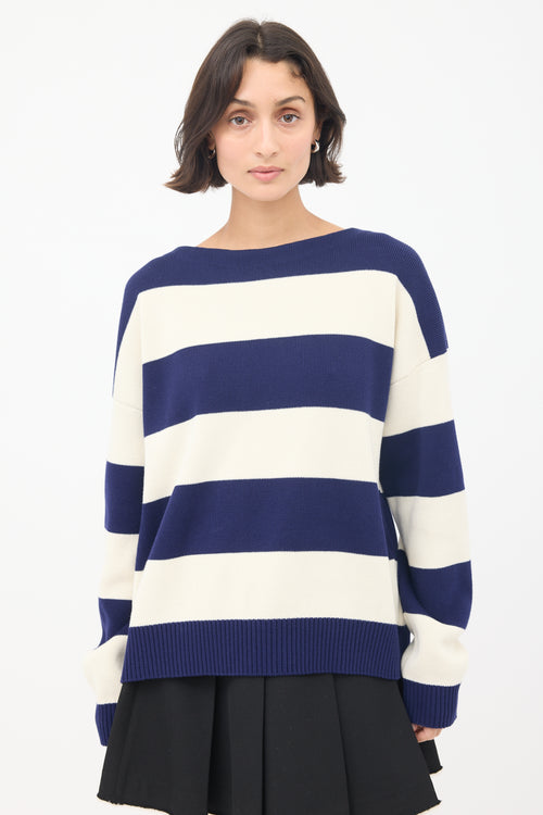 Gucci White & Navy Logo Intarsia Striped Sweater