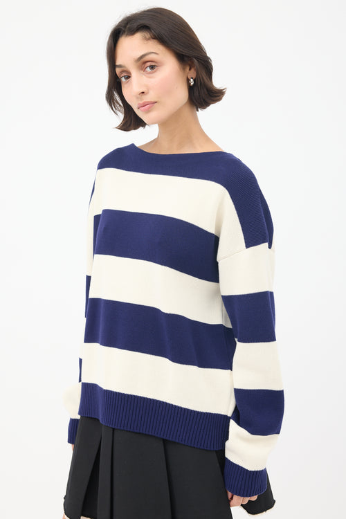 Gucci White & Navy Logo Intarsia Striped Sweater