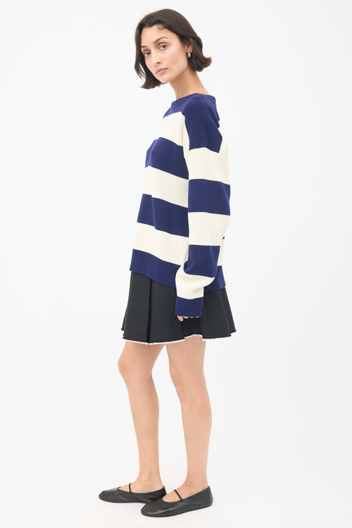 Gucci White & Navy Logo Intarsia Striped Sweater