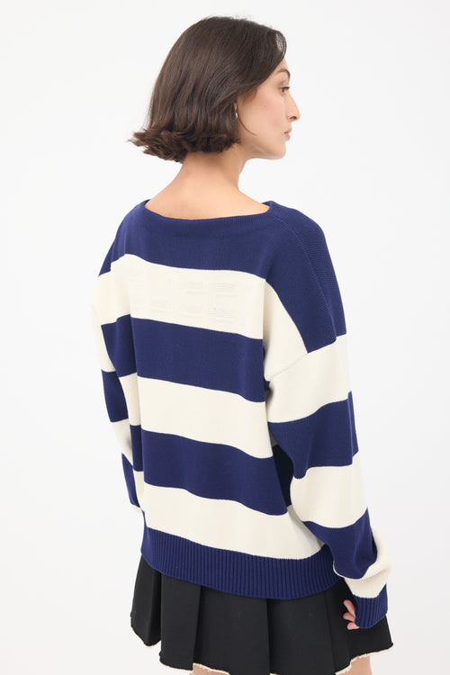 Gucci White & Navy Logo Intarsia Striped Sweater