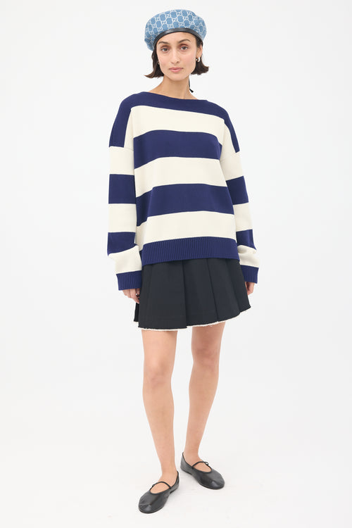 Gucci White & Navy Logo Intarsia Striped Sweater