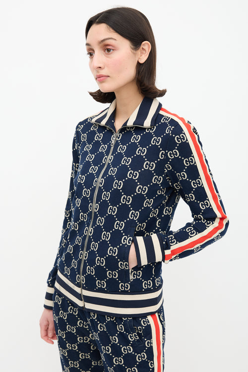 Gucci Navy & Cream Webbed Trim GG Track Jacket