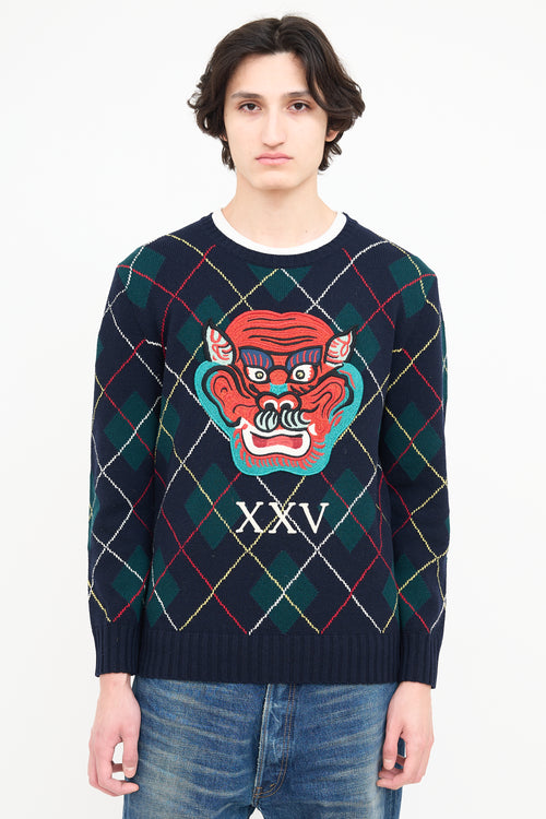 Gucci Navy & Multi Embroidered Argyle Sweater