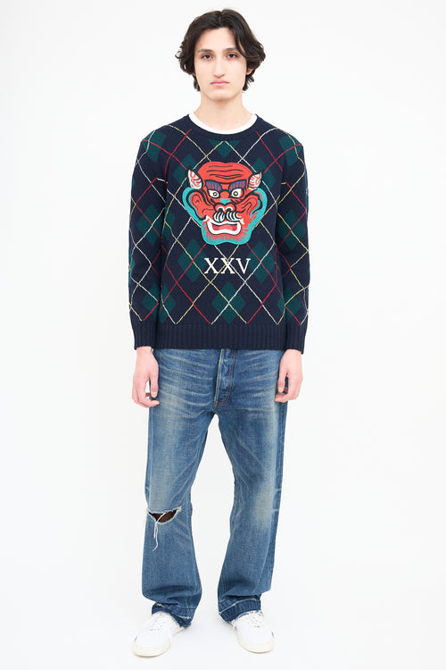Gucci Navy & Multi Embroidered Argyle Sweater