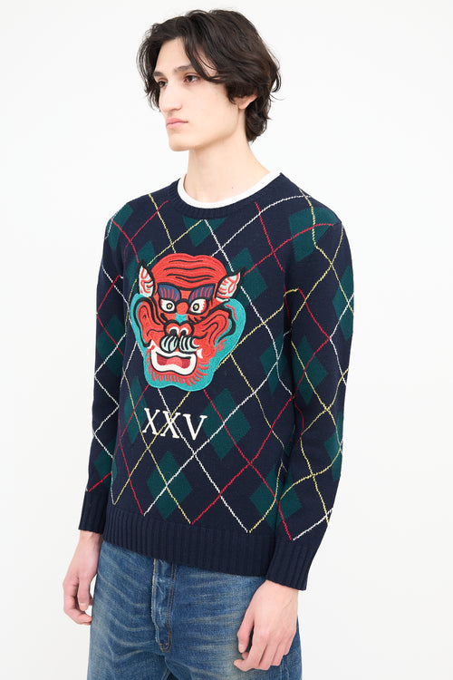 Gucci Navy & Multi Embroidered Argyle Sweater
