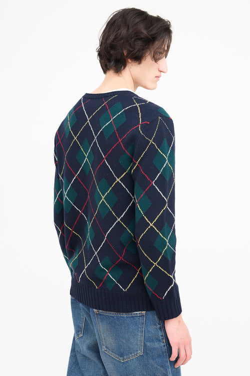 Gucci Navy & Multi Embroidered Argyle Sweater