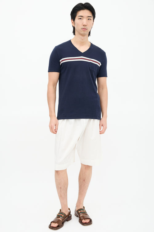 Gucci Navy & Multi Striped V-Neck T-Shirt