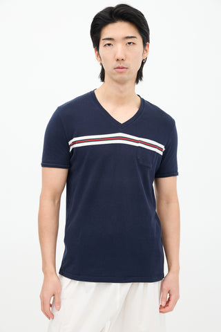 Gucci Navy & Multi Striped V-Neck T-Shirt