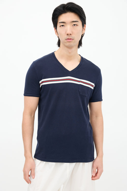 Gucci Navy & Multi Striped V-Neck T-Shirt