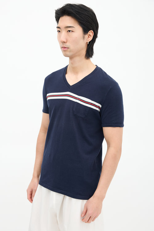 Gucci Navy & Multi Striped V-Neck T-Shirt