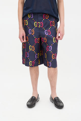 Gucci Navy & Multicolour Silk GG Mid Length Shorts