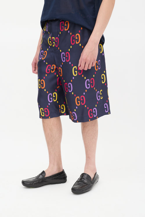 Gucci Navy & Multicolour Silk GG Mid Length Shorts