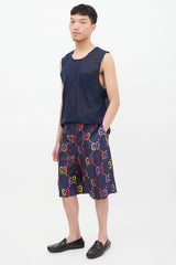 Gucci Navy & Multicolour Silk GG Mid Length Shorts