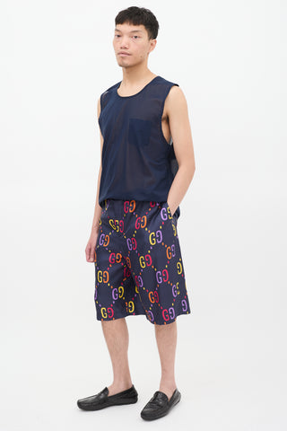 Gucci Navy & Multicolour Silk GG Mid Length Shorts