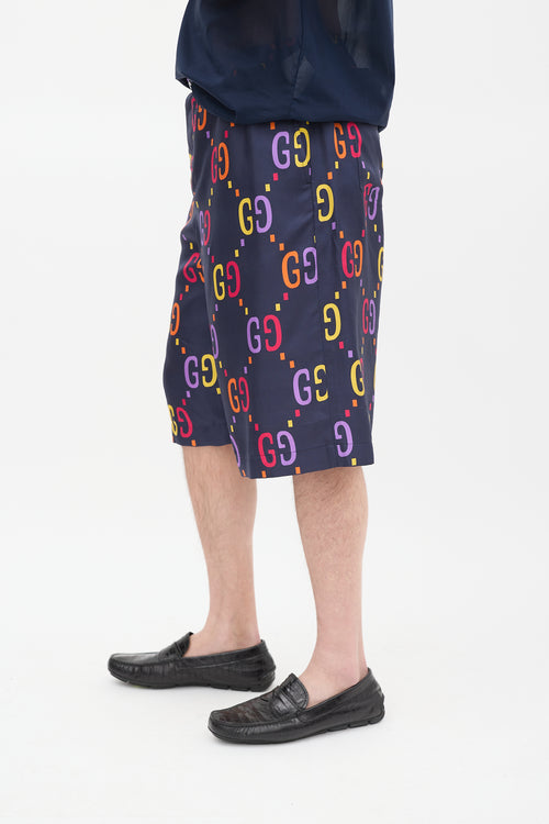 Gucci Navy & Multicolour Silk GG Mid Length Shorts