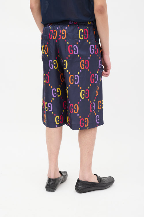 Gucci Navy & Multicolour Silk GG Mid Length Shorts