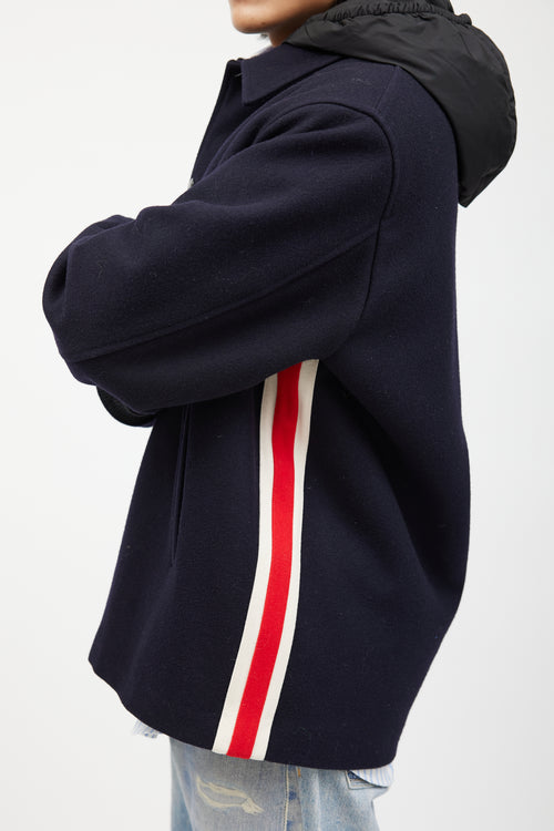 Gucci Navy & Multicolour Striped Wool Hooded Coat