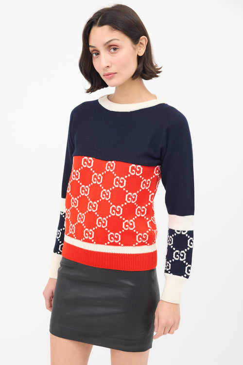 Gucci Navy & Multi Wool GG Colourblock Sweater