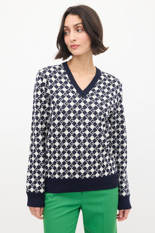 Gucci Navy & White Wool Knit Monogram Sweater