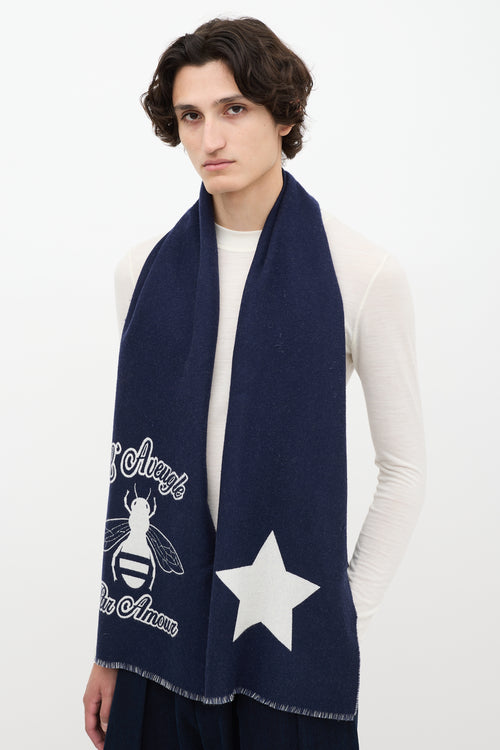 Gucci Navy & White Wool L'Aveugle Par Amour Fringe Scarf