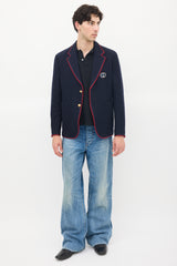 Gucci Navy Wool & Cotton Knit Patch Logo Blazer