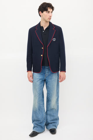 Gucci Navy Wool & Cotton Knit Patch Logo Blazer