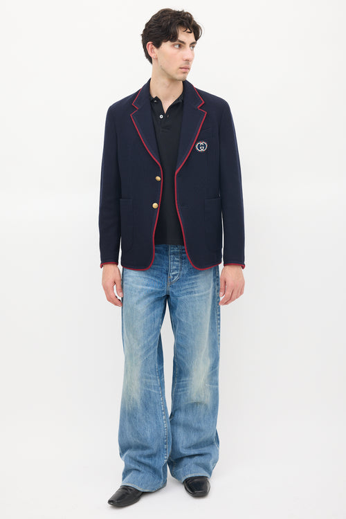 Gucci Navy Wool & Cotton Knit Patch Logo Blazer