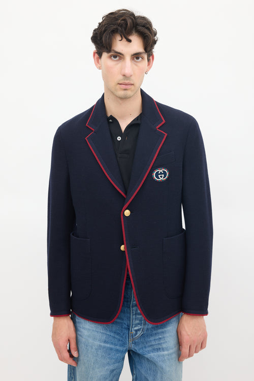 Gucci Navy Wool & Cotton Knit Patch Logo Blazer